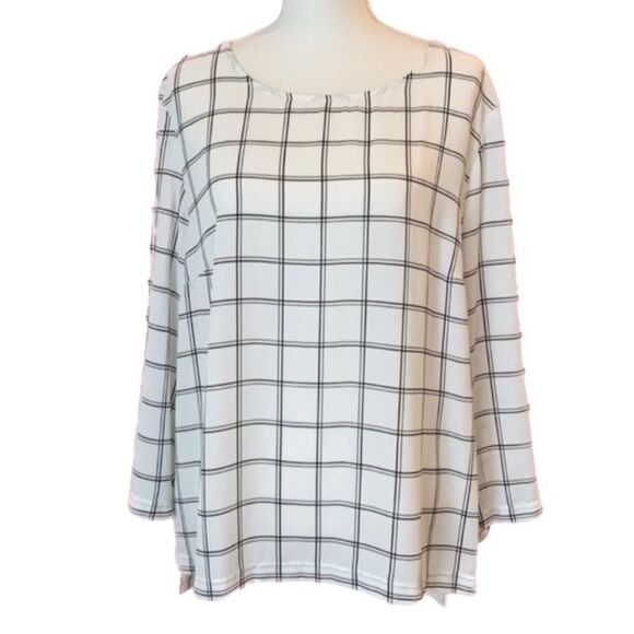 Adrianna Papell Windowpane Grid Print 3/4 Sleeve Blouse White & Black Size Large - Picture 8 of 8